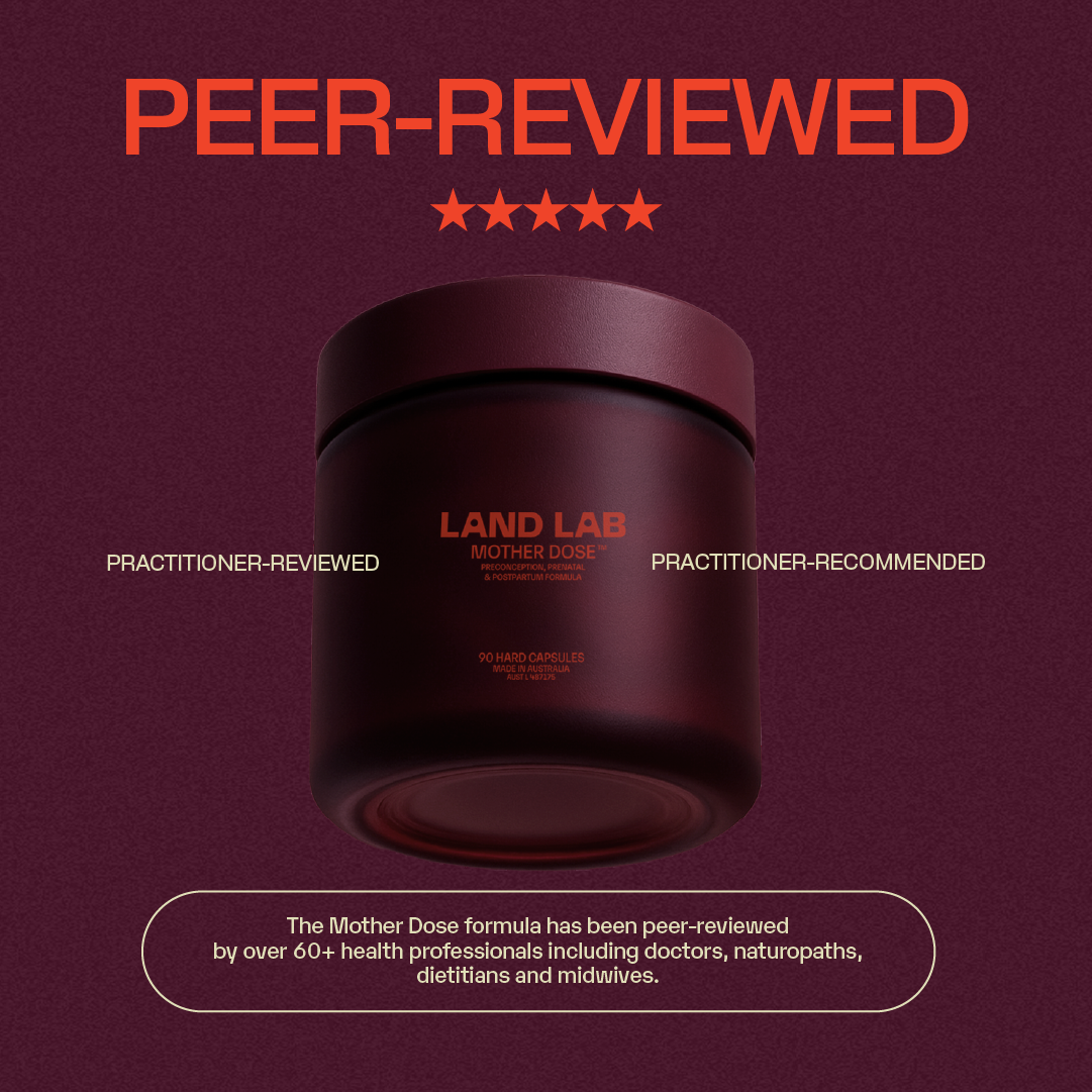 Jar of Land Lab Mother Dose prenatal multivitamin on burgundy background with five-star peer-review badge, highlighting validation by over 60 health professionals.