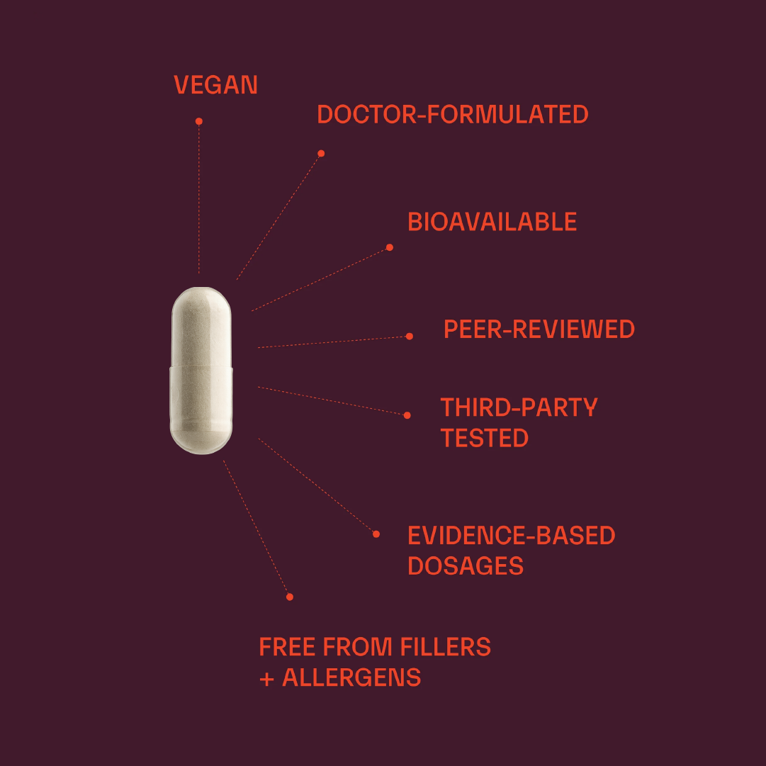 Land Lab Mother Dose capsule with labelled benefits including vegan, doctor-formulated, bioavailable, peer-reviewed, third-party tested, evidence-based dosages, and free from fillers and allergens.