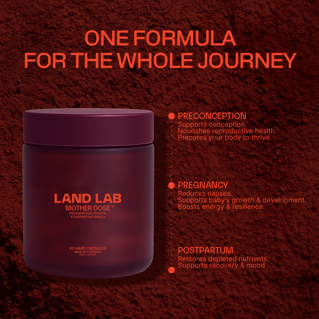 Two jars of Land Lab Mother Dose prenatal multivitamin on a red earth background with text highlighting preconception, pregnancy, and postpartum benefits.