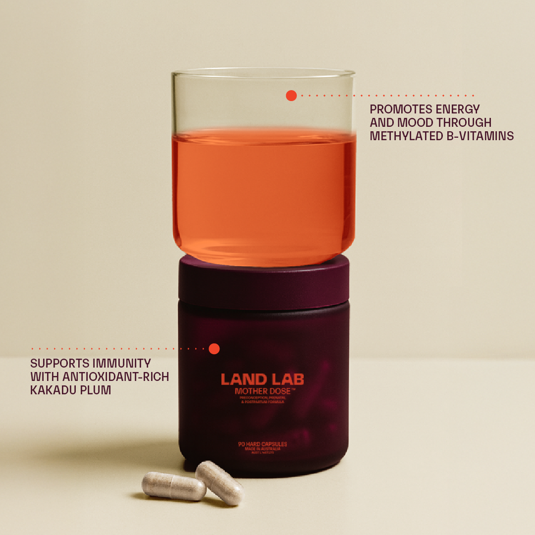 Land Lab Mother Dose jar with two capsules beside an orange-tinted glass, illustrating energy and mood support from methylated B-vitamins and antioxidant protection from Kakadu Plum.